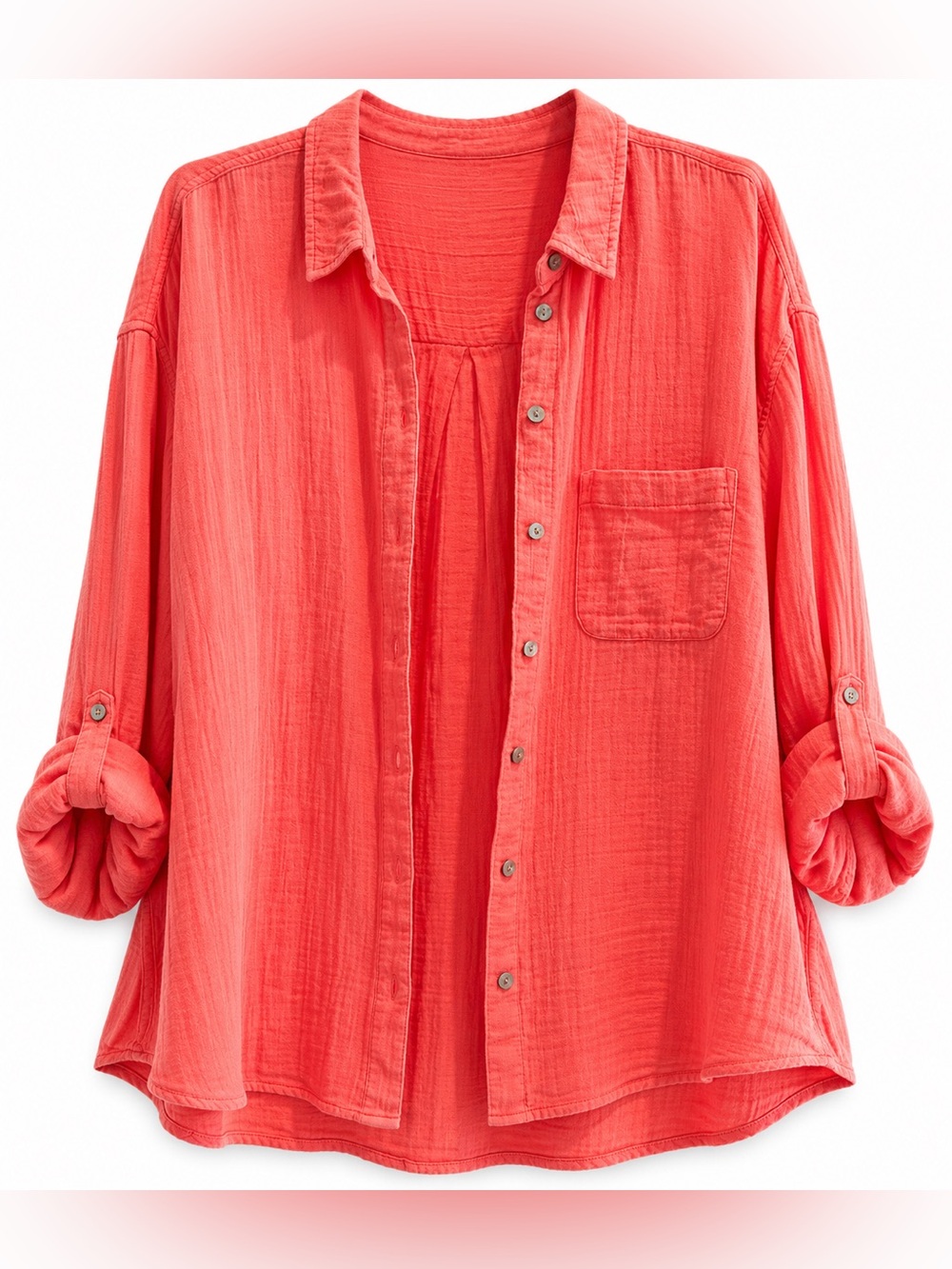 Coral Gauze Button Front Tunic Top XXL Oversized Plus Size Cover Up Beach - Picture 2 of 4